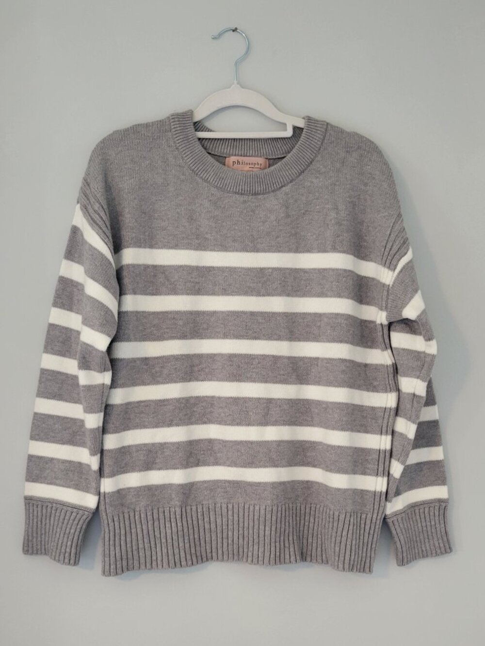 Philosophy Gray & White Striped Crewneck Knit Sweater | Cozy Casual Pullover
